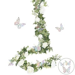 6 Ft White Flower Garland with 3D Butterfly, Artificial White Rose a