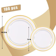 Zcaukya 100PCS Gold Plastic Plates, Disposable Plastic Dishes with Gold Rim i…