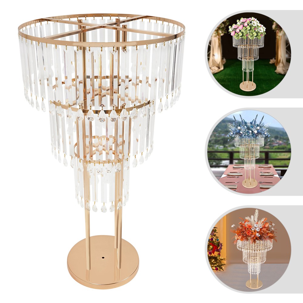 Gold 3-Tier Acrylic Crystal Wedding Flower Stand Iron Freestanding 50 × 72cm