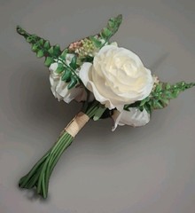 Ivory White Bouquet-5 Cabbage Roses, Hydrangea, Small Accent Berries, Greenery
