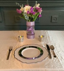 Bouquet holder/vase with satin ribbon and rhinestones….you pick colors