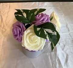 Rose centerpiece embellished with satin and glitter ribbon…you pick colors