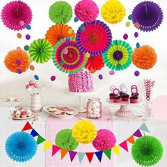 Party Decoration, 21 Pcs Multi-color Hanging Paper Fans, Pom Multi-colored