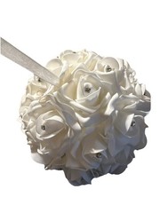 White Rose Kissing Ball w/ Rhinestones & Ribbon Wedding Decor Flower Girl