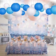 Blue Paper Lanterns 12 Pcs Assorted size of 6″ 8″ 10″ 12″ Chinese Round