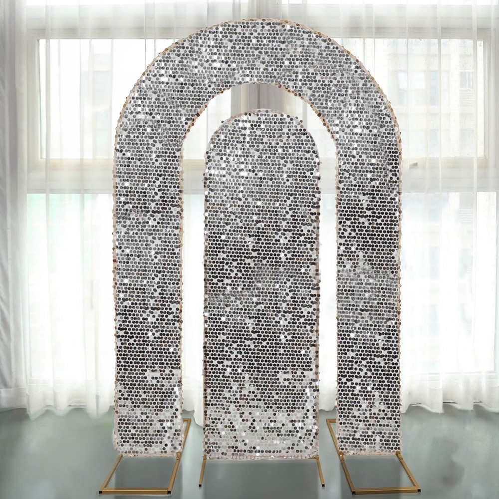 2 SILVER Big Sequin Wedding Arch Backdrop Stand Covers Wedding Events Party