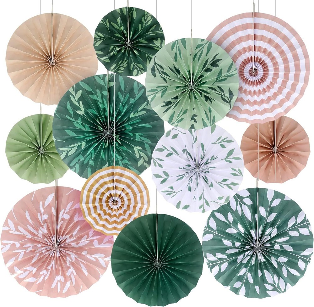 Thenshop 12 Pcs Green Hanging Paper Fans Decoration Wedding Boho Leaf Style