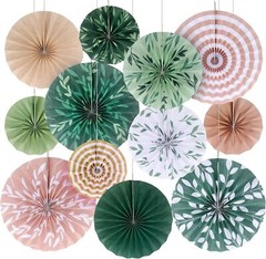Thenshop 12 Pcs Green Hanging Paper Fans Decoration Wedding Boho Leaf Style
