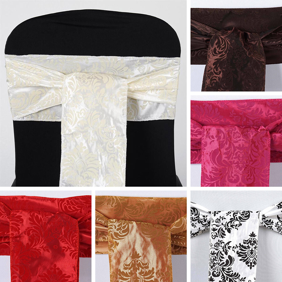 100 pcs CHAIR SASHES FLOCKING DAMASK Ties Bows Wedding Party Decorations SALE