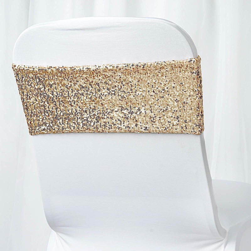 10 Champagne Spandex Sequined CHAIR SASHES Ties Wraps Wedding Party Decorations