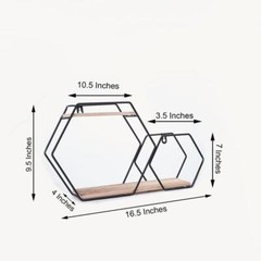 BLACK NATURAL 2 Tier Hexagon Metal Wood Geometric Floating Shelf Decorations