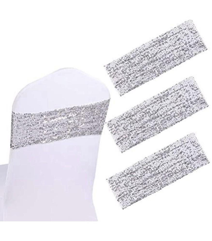 Aulufft Sequin Spandex Chair Sash 50 PCS Silver Sequin Sashes Chairs Silver 50