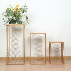 3 Gold Metal Pedestal Stands Geometric Crossed Lines Pattern Party Decorations