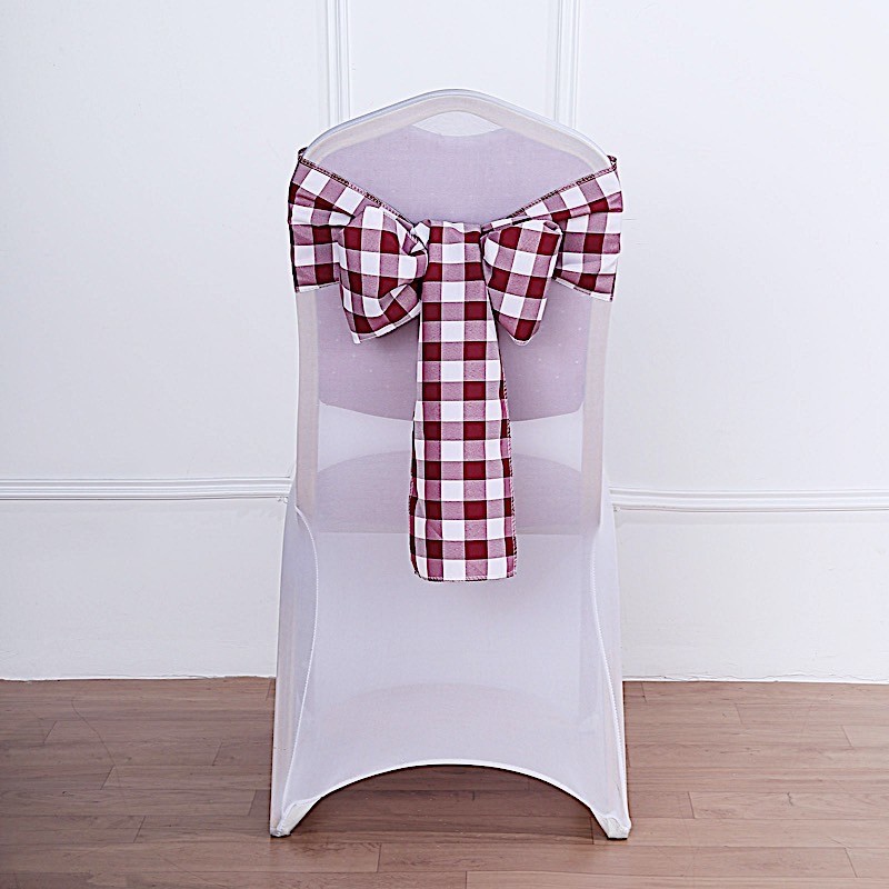 10 Burgundy on White Gingham Buffalo Plaid Polyester CHAIR SASHES Decorations