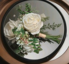 Ivory White Bouquet-5 Cabbage Roses, Hydrangea, Small Accent Berries, Greenery