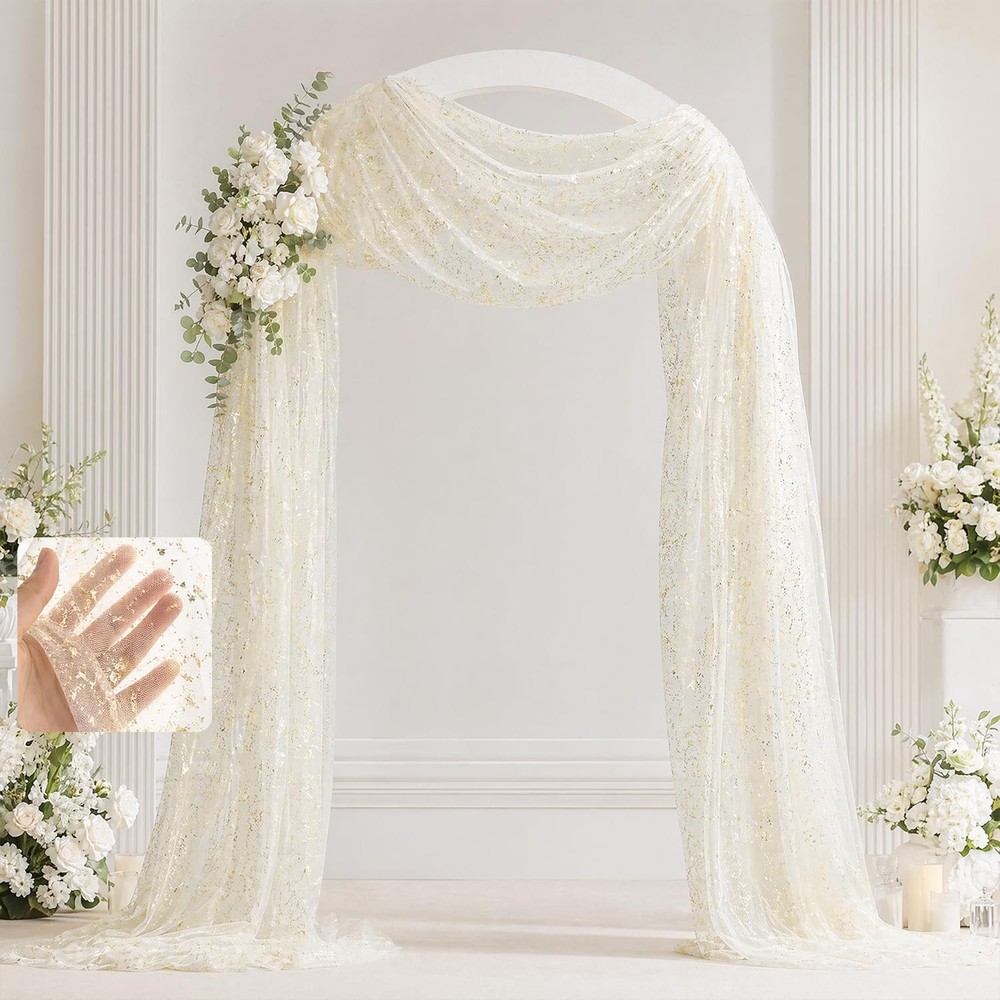Beige Wedding Arch Draping Fabric 1 Panel 28″ x 20FT Glitter Sheer Backdrop