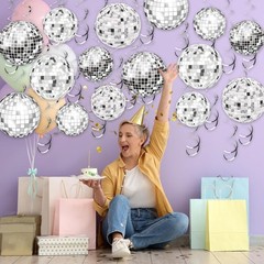 54 Pieces Disco Party Decorations Sliver Disco Ball Hanging Swirls 70s Ceilin…