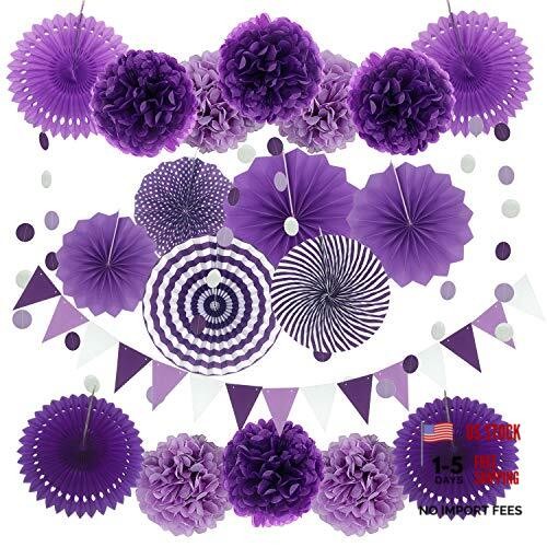 Party Decoration, 21 Pcs and Lavender Hanging Paper Fans, Pom Poms Purple