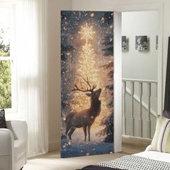 Christmas Deer Door Cover, Stretch Fabric Backdrop Door Porch 35 x 79 in