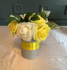 Rose centerpiece embellished with satin and glitter ribbon…you pick colors
