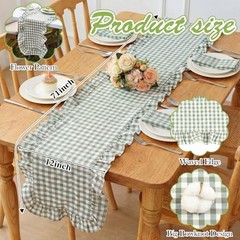 Tegeme Gingham Table Runner 12”x71” Cotton Ruffle Checkered Olive Green Plaid