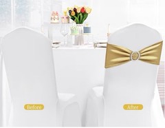 100 PCS Gold Spandex Chair Sashes Bows Premium Stretch Chair Cover Band w/Buckle