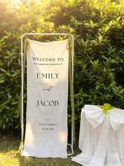 Custom Linen Wedding Welcome Sign, Personalized Fabric Ceremony Banner