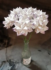 3 Handmade Paper Flowers on stems (White w/Purple tips) for Wedding, Valentine’s