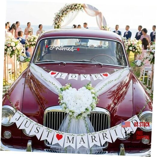 Just Married Car Decorations Set – White Wedding Car Ribbon & Flower Kit with