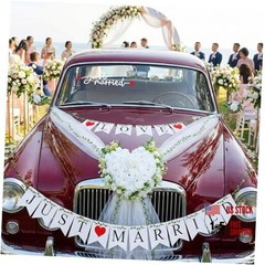 Just Married Car Decorations Set – White Wedding Car Ribbon & Flower Kit with
