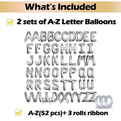 [52 PCS] 16″ Foil Silver Letter Balloons 2 Sets of A-Z, Mylar Aluminum Hangin…