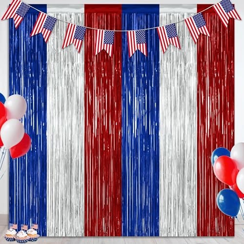 2 Pack Foil Curtain Streamer Decorations | Metallic 2 PCS Blue Silver Red
