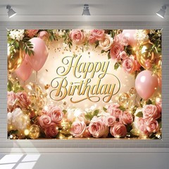 Happy Birthday Backdrop Banner For Women Girls Princess Pink Floral Flower Wa…