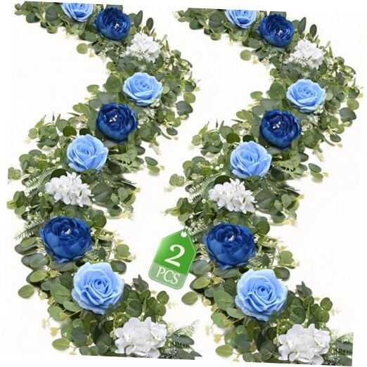2Pcs 12 Ft Artificial Flower Garland Fake Rose Peony Floral Garland 2 Pcs Blue
