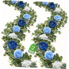 2Pcs 12 Ft Artificial Flower Garland Fake Rose Peony Floral Garland 2 Pcs Blue