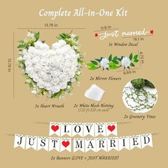 Just Married Car Decorations Set – White Wedding Car Ribbon & Flower Kit with