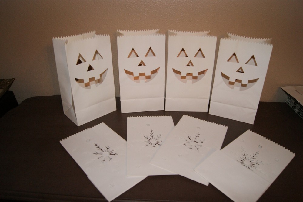 8 White Luminary Bags Snowflake LED Candle Christmas Halloween Jack O Lantern