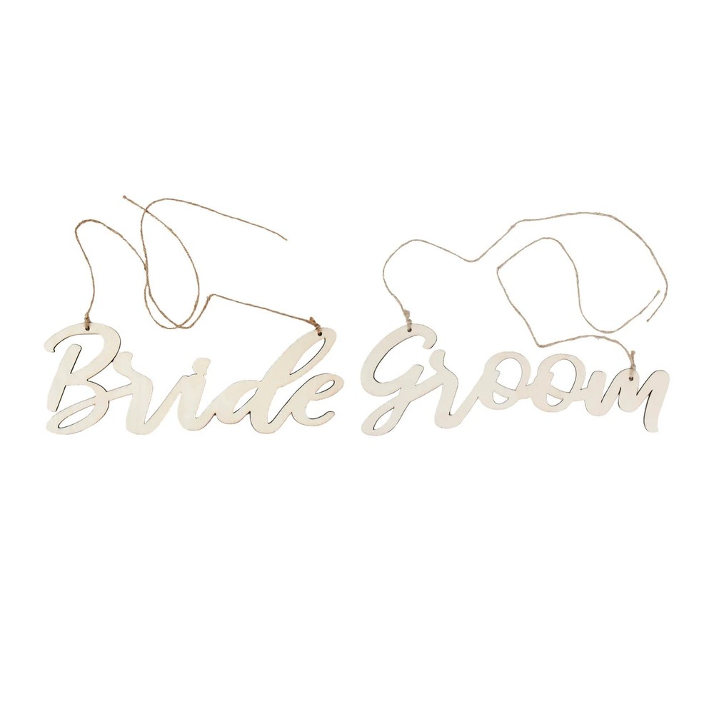 Natural 2 Wooden 12″ x 5″ Bride and Groom Chair Signs Wedding Hanging Decor