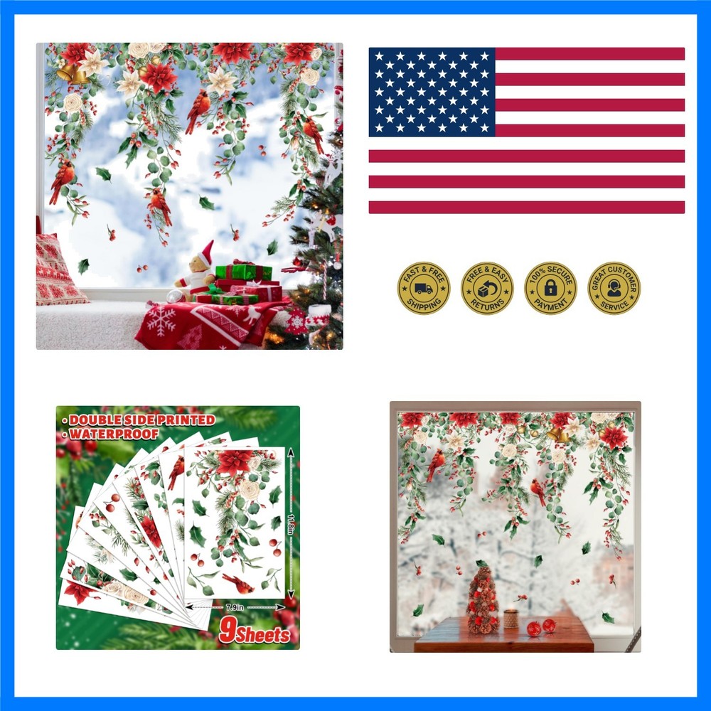 9 Sheets Christmas Floral Window Cling Stickers Hanging Poinsettia Flowers Eu…