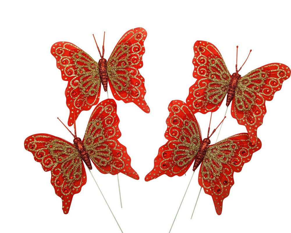12PC 4″ Red + Gold Glitter Feather Butterflies Craft DIY Wedding Cake Topper