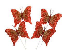 12PC 4″ Red + Gold Glitter Feather Butterflies Craft DIY Wedding Cake Topper