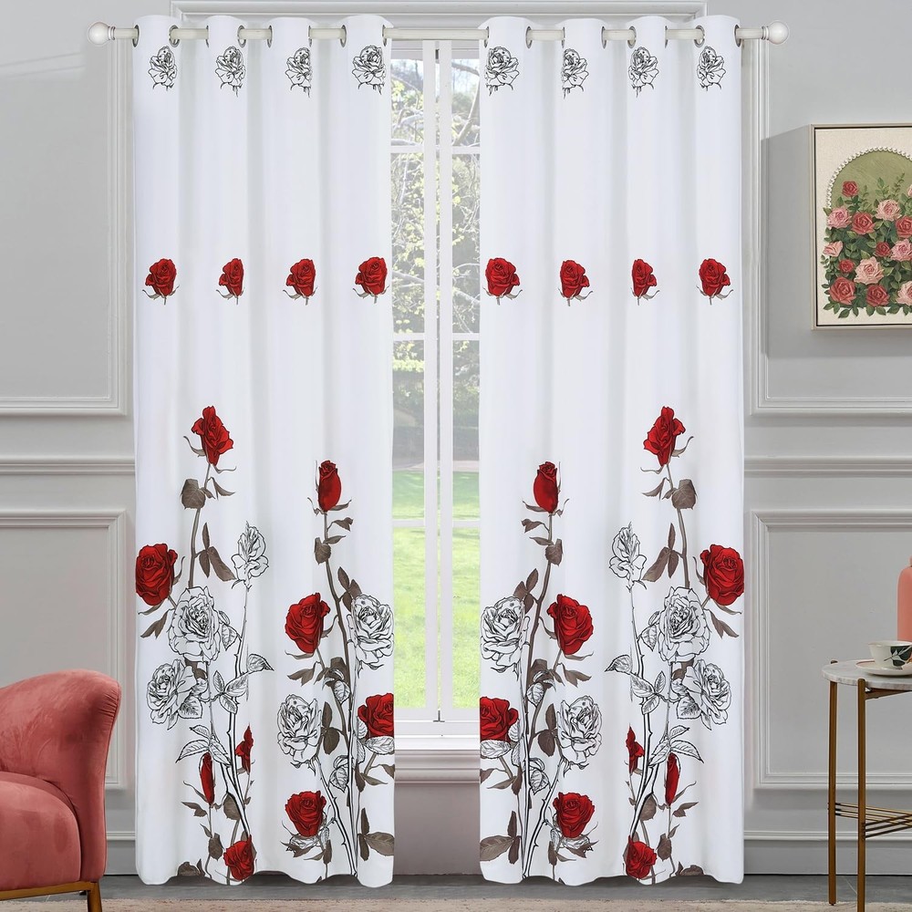 EVENHUG Red Rose Curtains Floral Window Curtain Panels Drapes for Bedroom and…