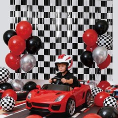 2 Pcs Race Car Curtains, Checkered Black White Foil Streamers Fringe Curtains…