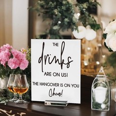 8×10” Funny Bar Sign, The Drinks Are On Us! Cheers! Thick White Acrylic Bar …