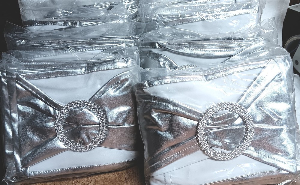 100 Chair Sashes Bows Silver Lame Stretch with Slider Buckle Party Wedding