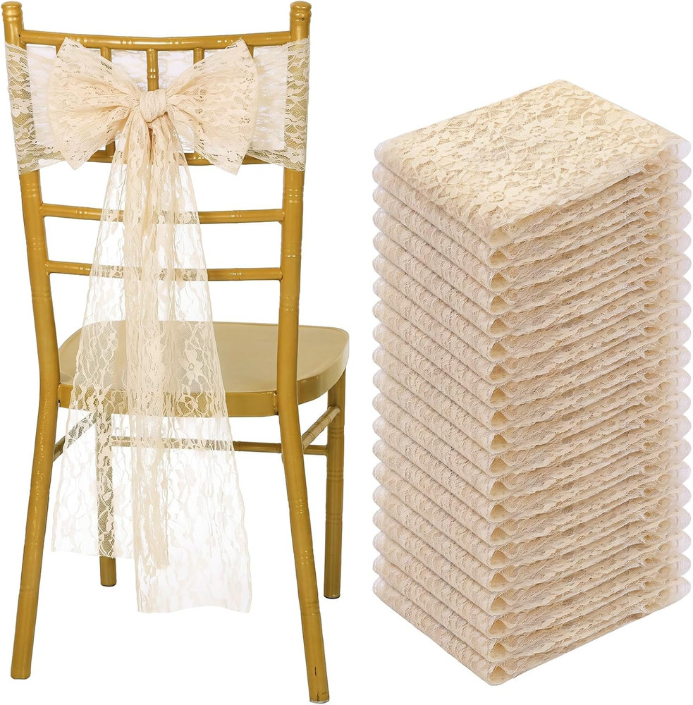 50 Pack Beige Lace Vintage Chair Sashes with Bows Wedding Decor | Beige Chair Sa