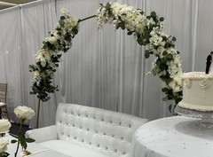 Reusable Wedding Floral Arch Backdrop, White/Green Flowers, Gold Metal Frame