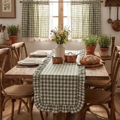 Tegeme Gingham Table Runner 12”x71” Cotton Ruffle Checkered Olive Green Plaid