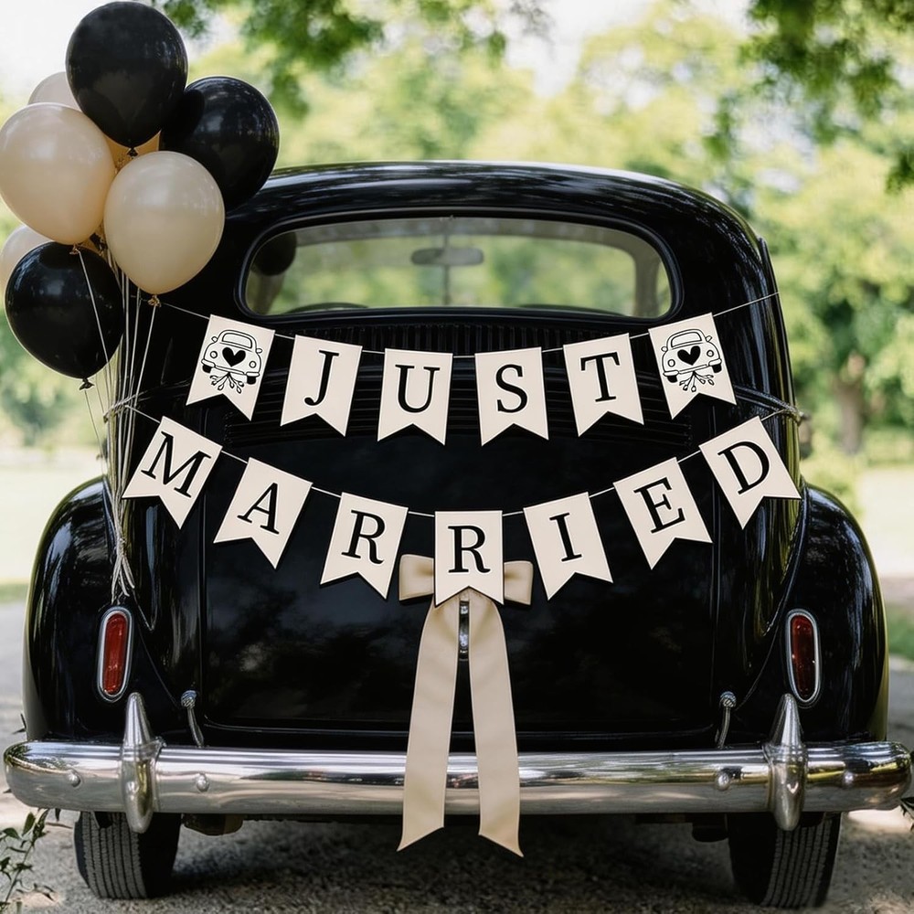 Just Married Banner Car Decoration 2Pcs Black Wedding Bunting Garland Signs