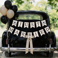 Just Married Banner Car Decoration 2Pcs Black Wedding Bunting Garland Signs
